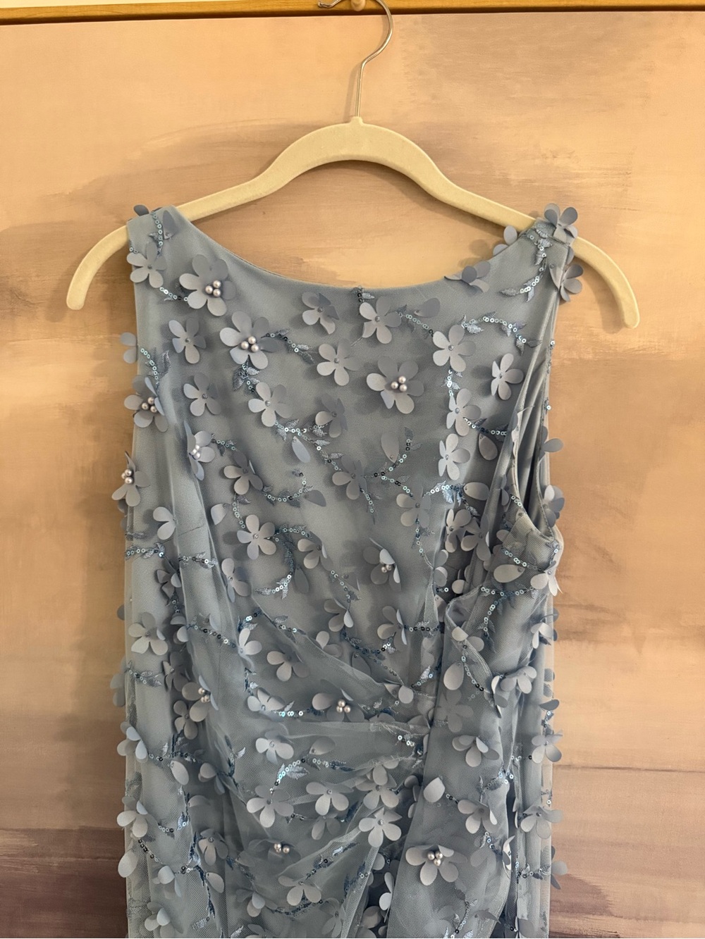 Carmen Marc Valvo Infusion 3D Floral Mermaid Gown Dusty Blue Evening Gown - Picture 3 of 7